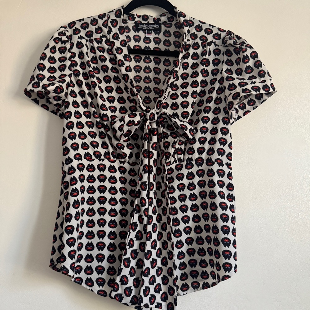 Jessica Louise Black Cat Print Pussybow Tie V-Neck Blouse, Size Medium